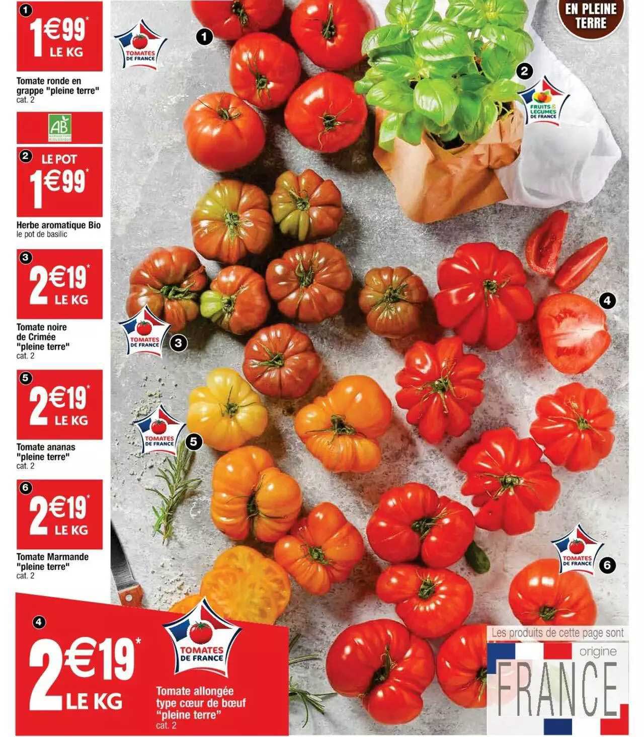 tomate ronde en grappe "pleine terre", herbe aromatique bio, tomate noire de crimée "pleine terre", tomate ananas "pleine terre", tomate marmande "pleine terre", tomate allongée type cœur de boeuf
