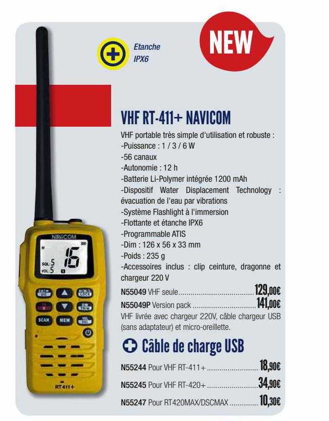 vhf rt-411 + navicom, câble de charge usb