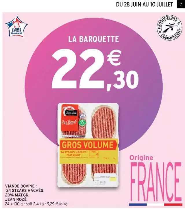 viande bovine : 24 steaks hachés 20% mat. gr. jean rozé