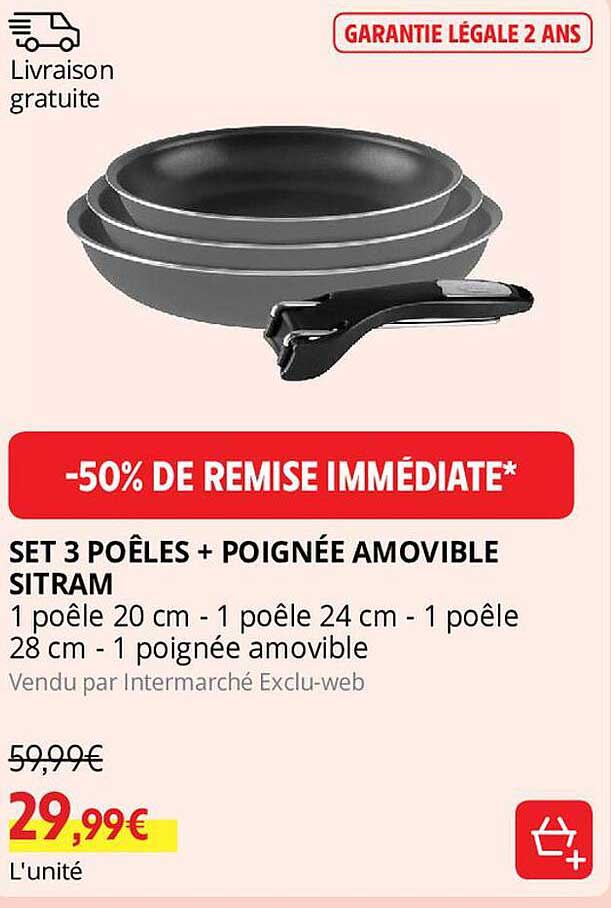 Set 3 Poêles + Poignée Amovible Sitram