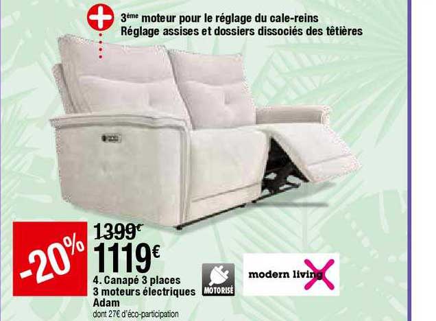canapé 3 places 3 moteurs électriques adam modern living