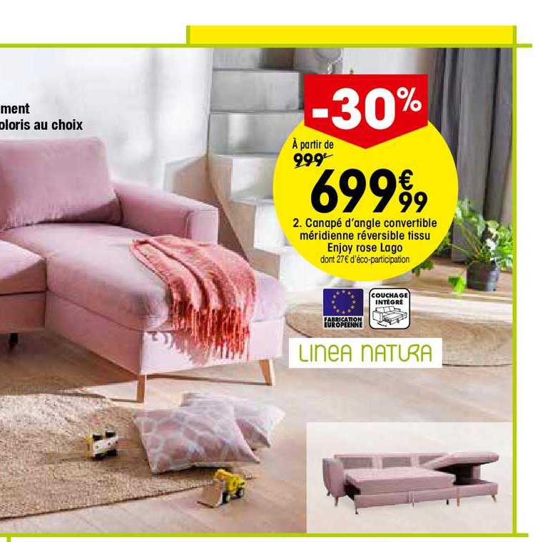 canapé d'angle convertible méridienne réversible tissu enjoy rose lago linea natura
