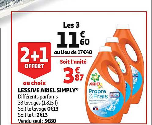 lessive ariel simply 2+1 offert au choix
