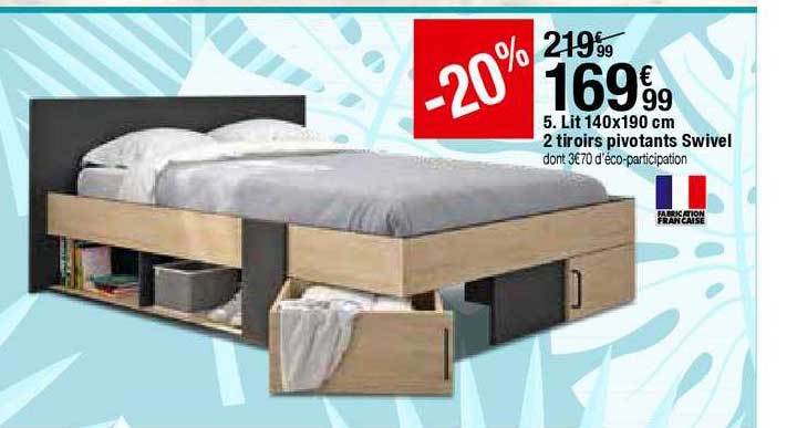 lit 140x190 cm 2 tiroirs pivotants swivel