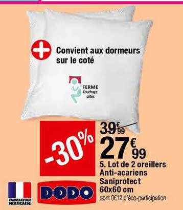 lot de 2 oreillers anti acariens saniprotect 60x60 cm dodo