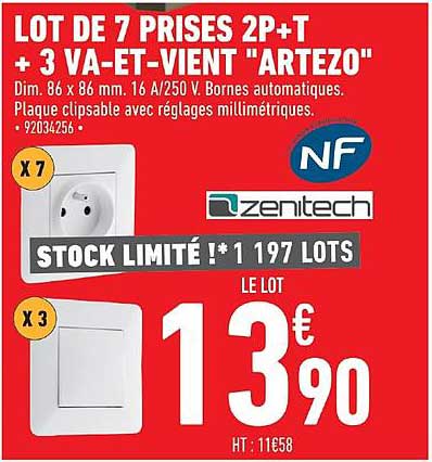 lot de 7 prises 2p+t + 3 va et vient artezo nf zenitech