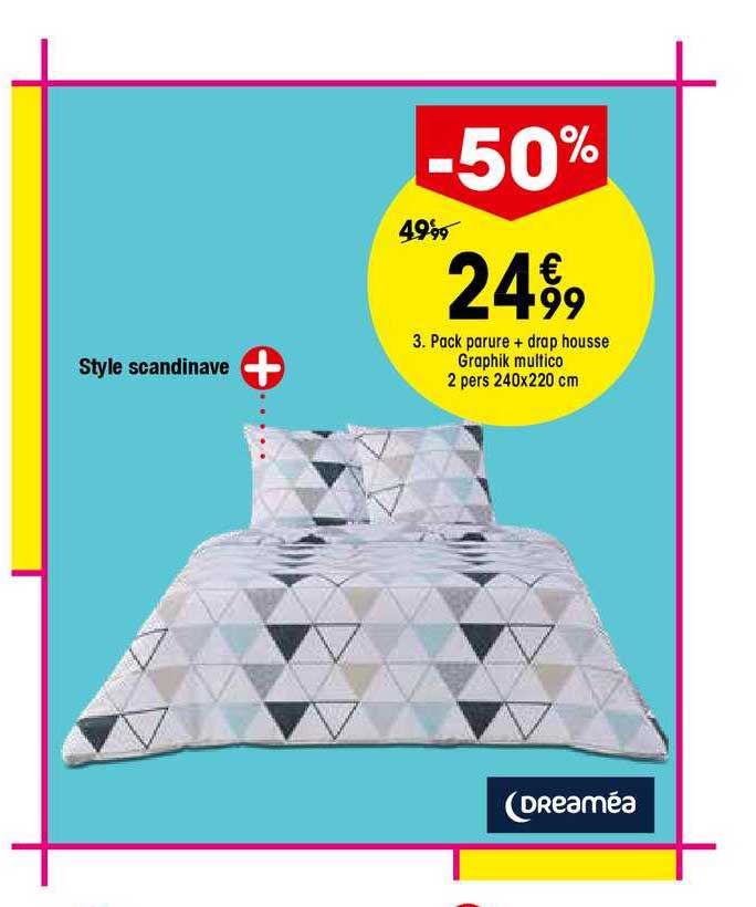 pack parure + drap housse graphik multico 2 pers 240x220 cm dreaméa