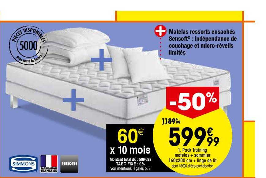 pack training matelas + sommier 160x200 cm + linge de lit simmons ressorts