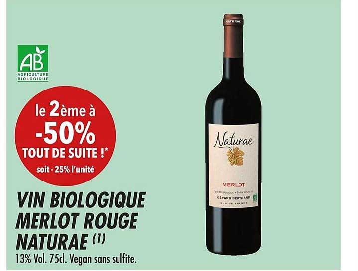 Vin Biologique Naturae Merlot Rouge Le 2ème -50%
