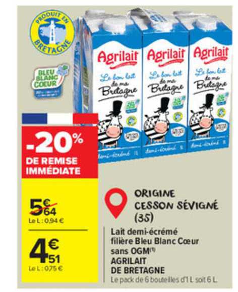 lait demi-écrémé filière bleu blanc cœur sans ogm agrilait de bretagne