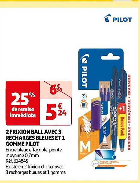 2 Frixion Ball Avec 3 Recharges Bleues Et 1 Gomme Pilot