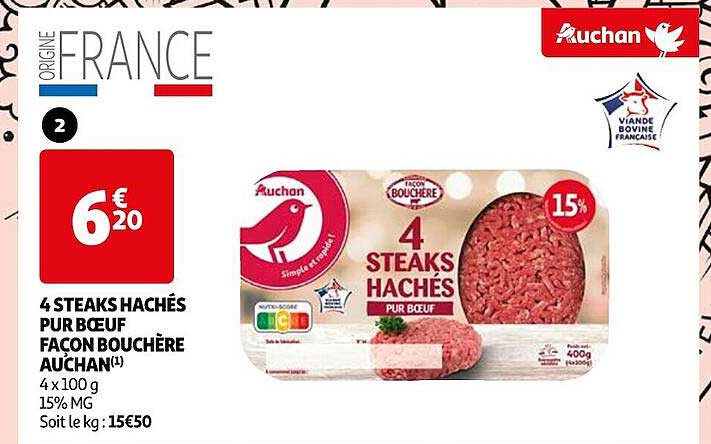4 Steaks Hachés Pur Bœuf Façon Bouchère Auchan