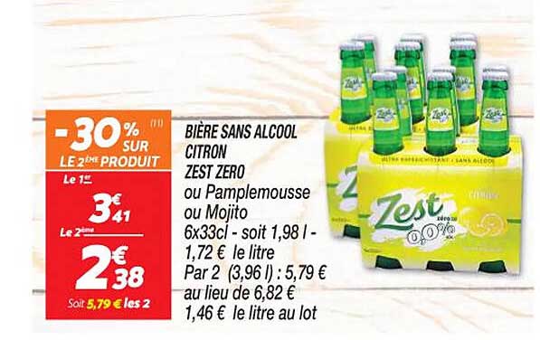 bière sans alcool citron zest zero ou pamplemousse ou mojito