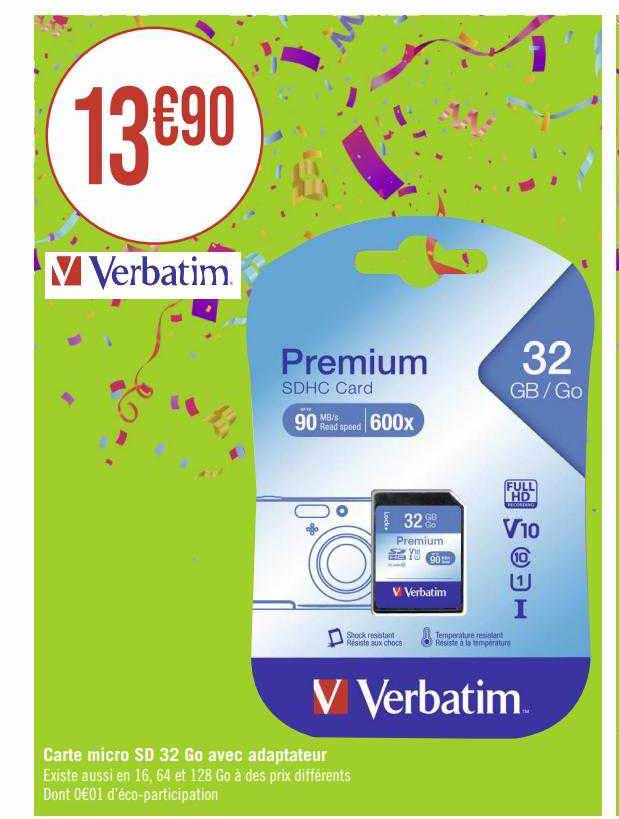 Carte Micro Sd 32 Go Avec Adaptateur Verbatim