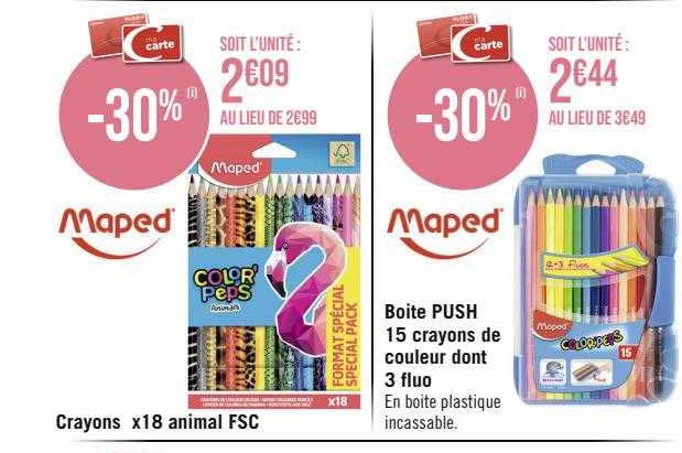crayons x18 animal fsc maped, boîte push 15 crayons de couleur dont 3 fluo maped