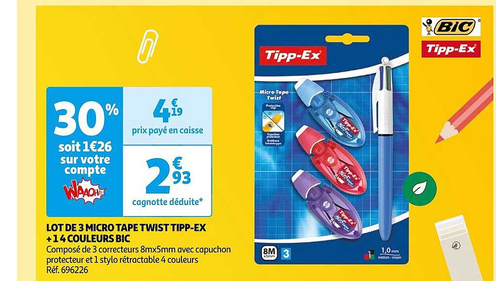 lot de 3 micro tape twist tipp-ex + 14 couleurs bic