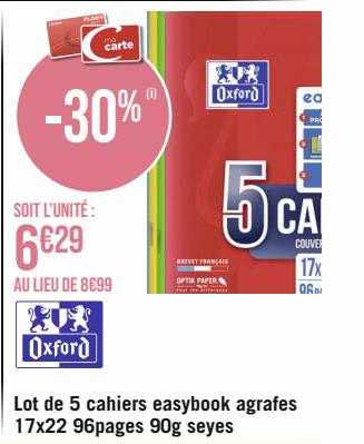 lot de 5 cahiers easybook agrafes 17 x 22 96 pages 90g seyes oxford