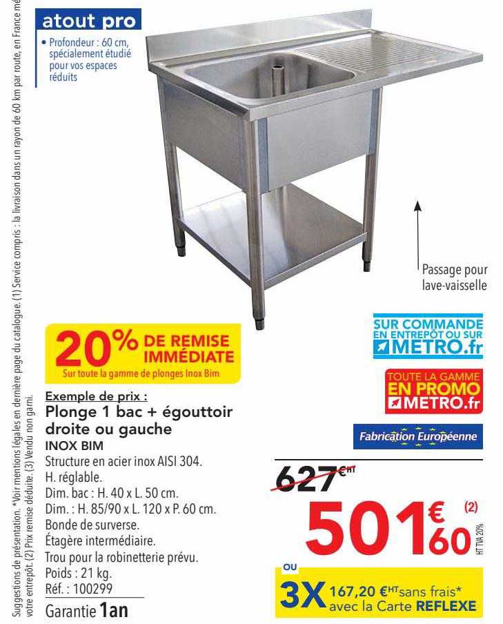 plonge 1 bac + égouttoir droite ou gauche inox bim