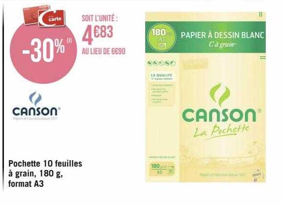 pochette 10 feuilles à grain, 180 g, format a3 canson