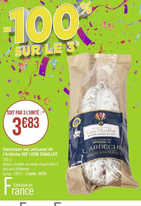 saucisson sec artisanal de l'ardèche igp léon chaillot