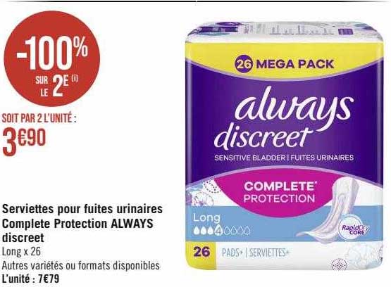 serviettes pour fuites urinaires complete protection always discreet