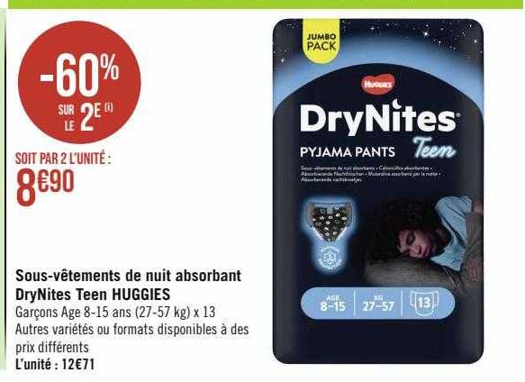 sous-vêtements de nuit absorbant dryNites teen huggies