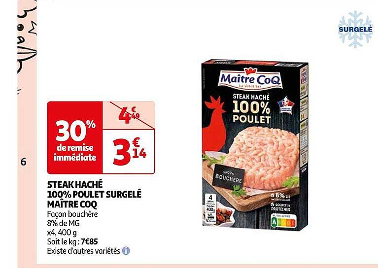 steak haché 100% poulet surgelé maître coq