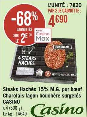 steaks hachés 15% m.g. pur bœuf charolais façon bouchère surgelés casino