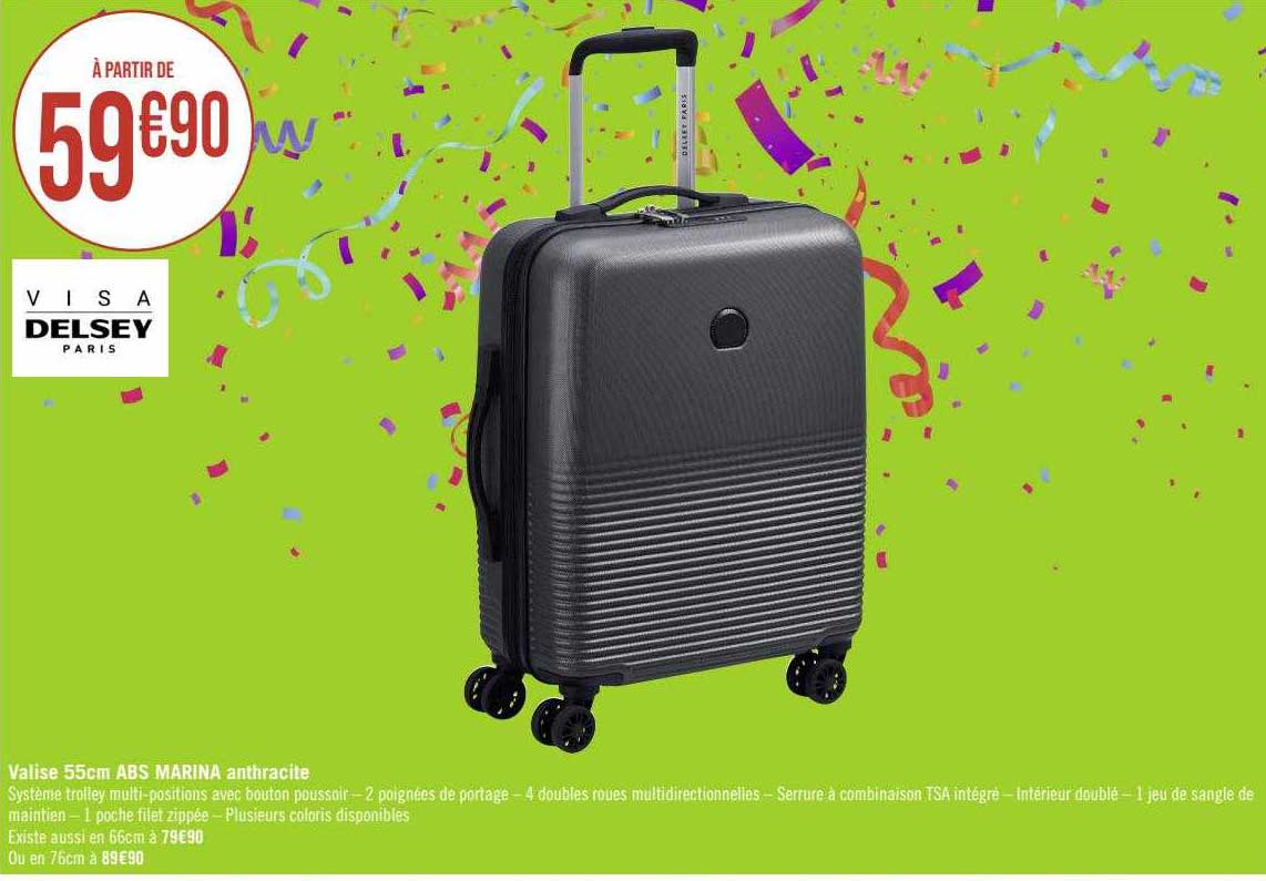 valise 55 cm abs marina anthracite visa delsey paris