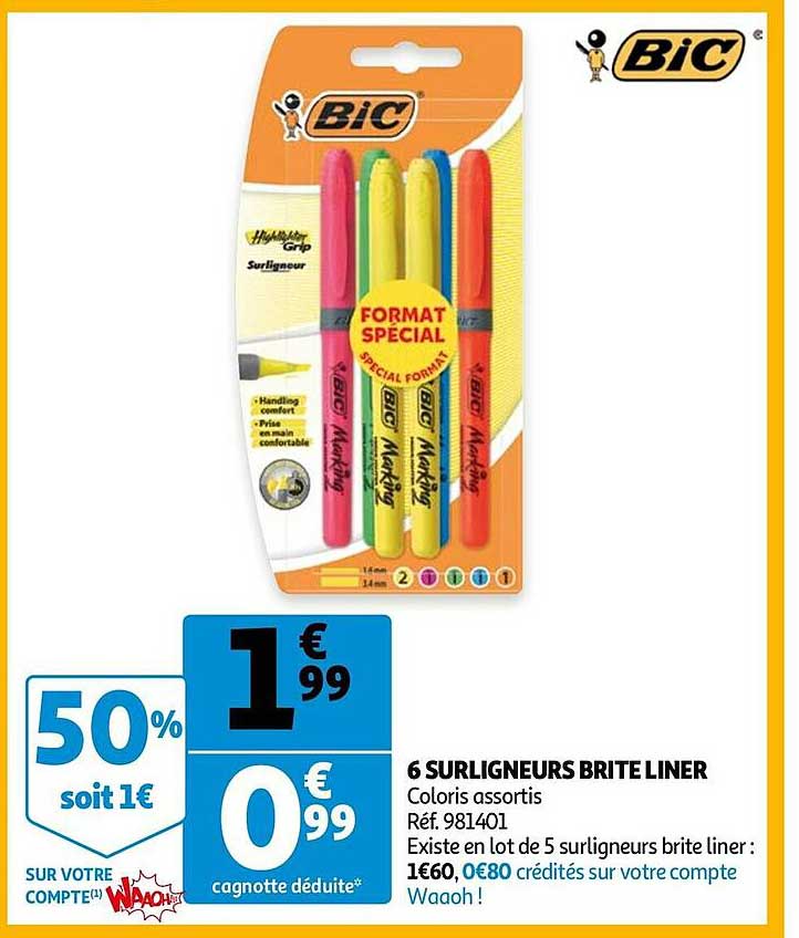 6 surligneurs brite liner bic