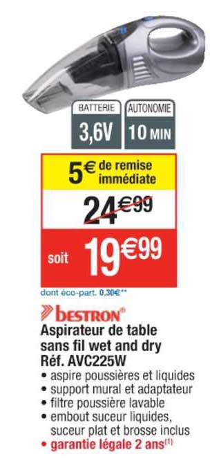 bestron aspirateur de table sans fil wet and dry réf. avc225w