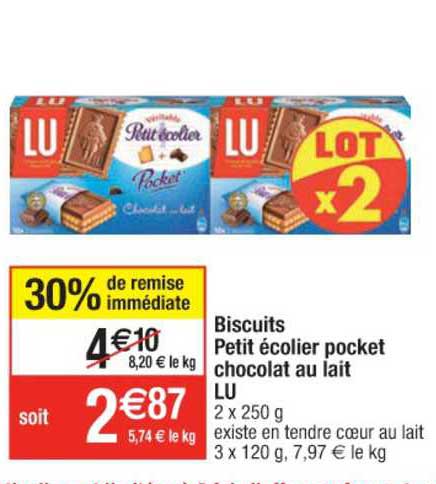 Biscuits Petit écolier Pocket Chocolat Au Lait Lu 30% De Remise Immédiate