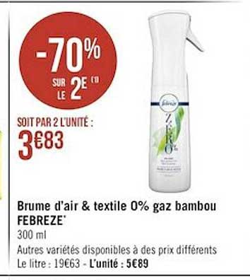 brume d'air & textile 0% gaz bambou febreze -70% sur le 2e