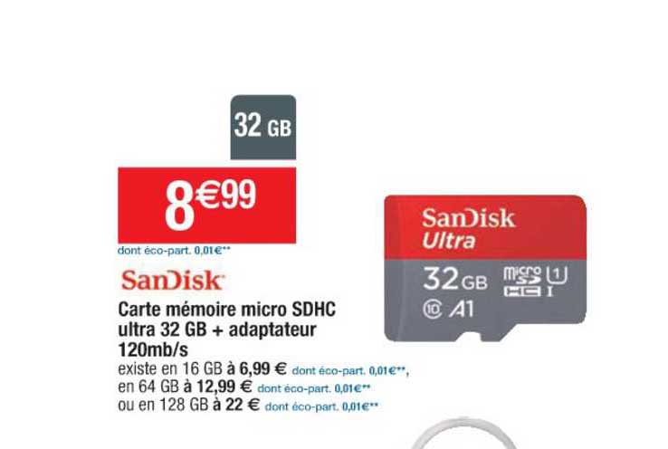 carte mémoire micro sdhc ultra 32 gb + adaptateur 120mb s sansdisk