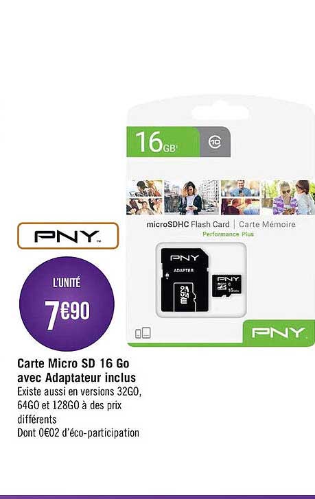 carte micro sd 16 go avec adapteur inclus pny