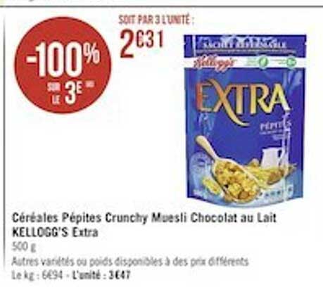 Céréales Pépites Crunchy Muesli Chocolat Au Lait Kellogg's Extra -100% Sur Le 3e