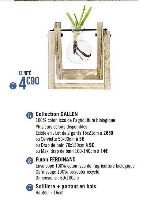 collection callen, futon ferdinand, soliflore + portant en bois