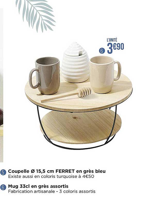 coupelle 15,5 cm ferret en grès bleu, mug 33cl en grès assortis