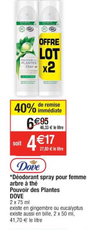 déodorant spray pour femme arbre à thé pouvoir des plantes dove 40% de remise immédiate