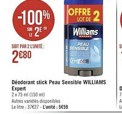 déodorant stick peau sensible williams expert -100% sur le 2e