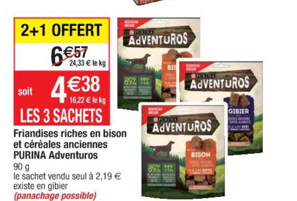 friandises riches en bison et céréales anciennes purina adventuros 2+1 offert