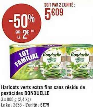 harictos verts extra fins sans résidu de pesticides bonduelle -50% sur le 2e