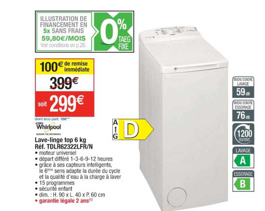 lave-linge top 6 kg réf. tdlr62322lfr n whirlpool