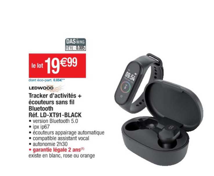 ledwood tracker d'activités + écouteurs sans fil bluetooth réf. ld-xt91-black