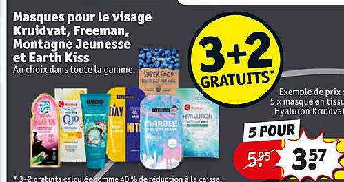 masques pour le visage kruidvat freeman montagne jeunesse et earth kiss 3+2 gratuits