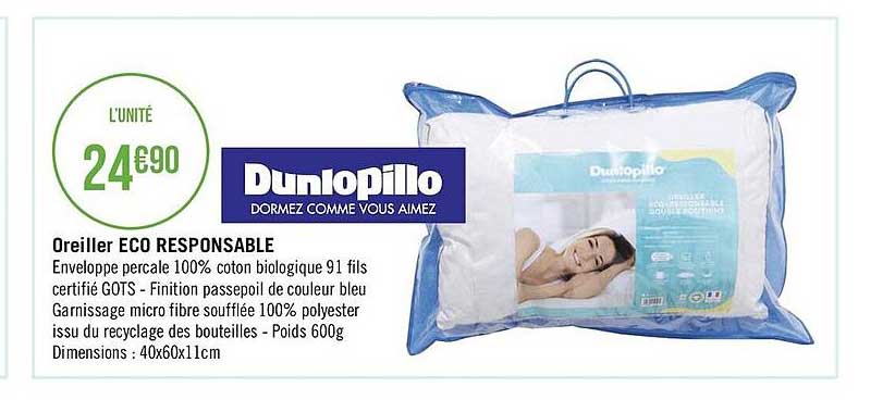 Oreiller Eco Responsable Dunlopillo