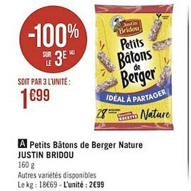 petits bâtons de berger nature justin bridou -100% sur le 3è