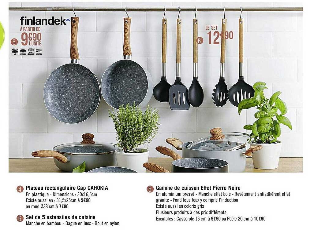 plateau rectangulaire cap cahokia, set de 5 ustensiles de cuisine, gamme de cuisson effet pierre noire