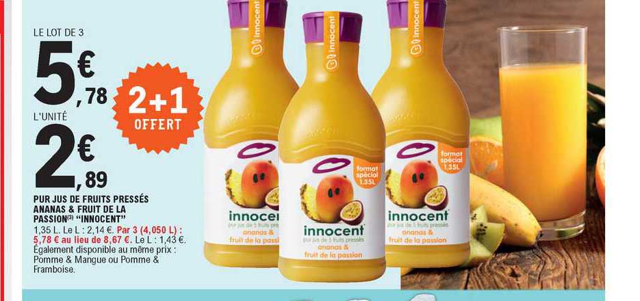 pur jus de fruits pressés ananas & fruit de la passion innocent 2+1 offert