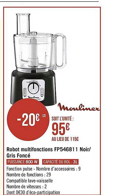 robot multifonction fp546811 noir-gris foncé moulinex